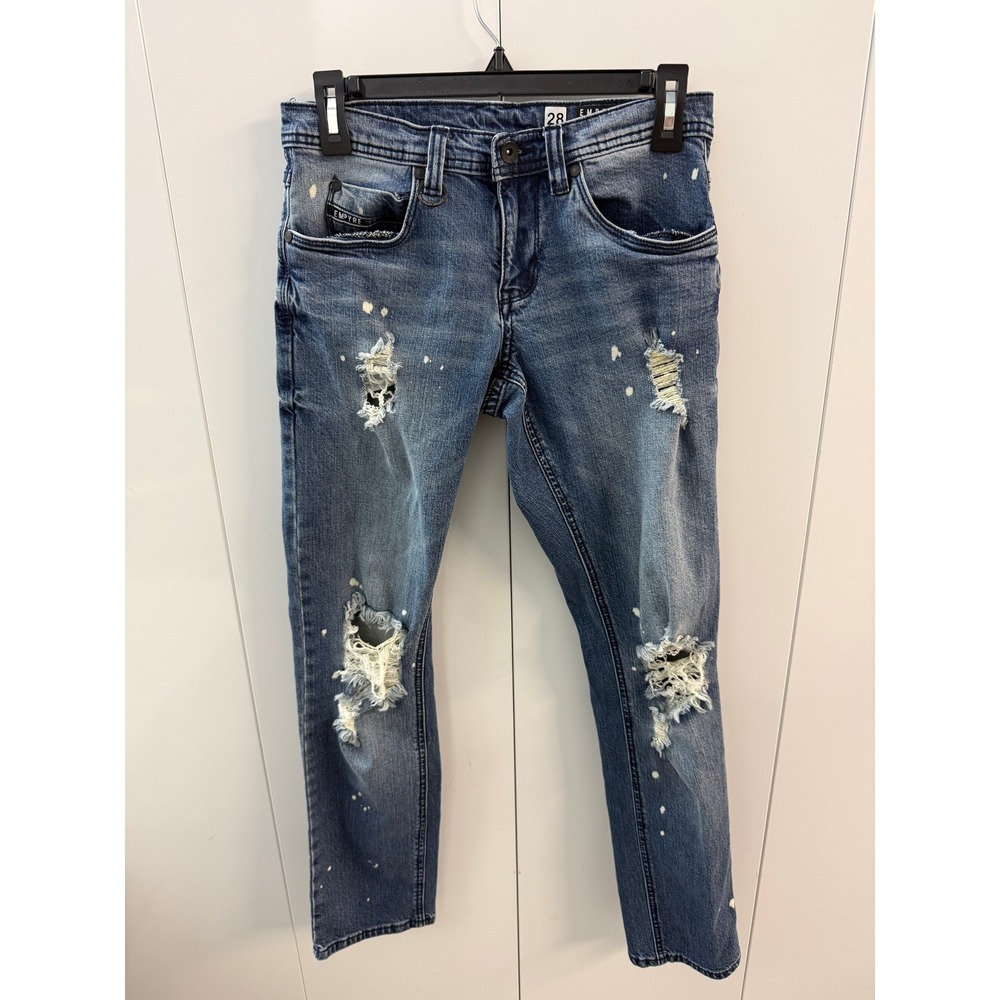 Empyre Mens 28 Distressed Paint Splatter Skinny Jeans Medium Wash Denim